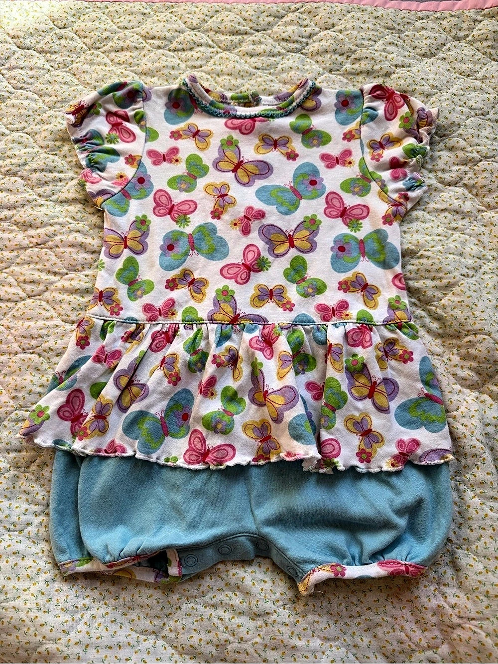 okie-dokie Butterfly Print Flutter Sleeve Bubble Romper Blue & Pink 18 Months
